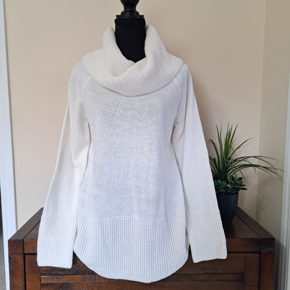 Calvin Klein Cowl Neck Sweater Cream Women's Small Long Sleeved Waffle Knit